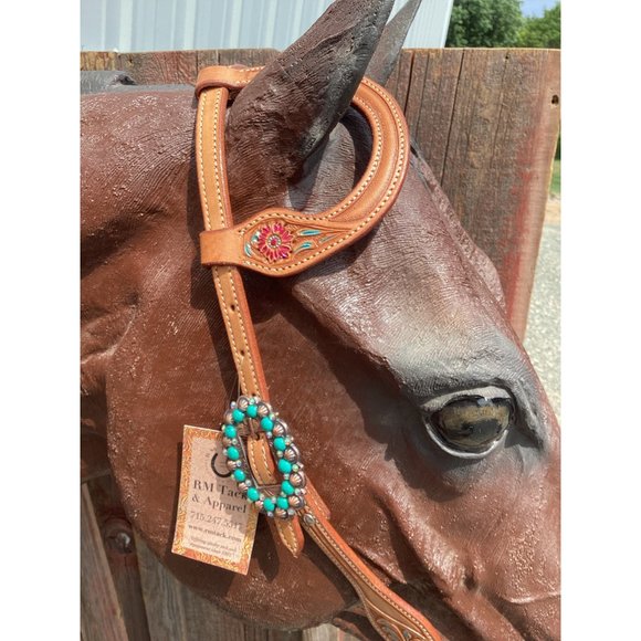 NEW Light Oiled Single ear Headstall Turquoise concho FOR HORSE - Picture 3 of 3
